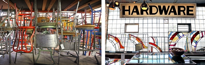 salvaged metal, chairs and stained leaded glass